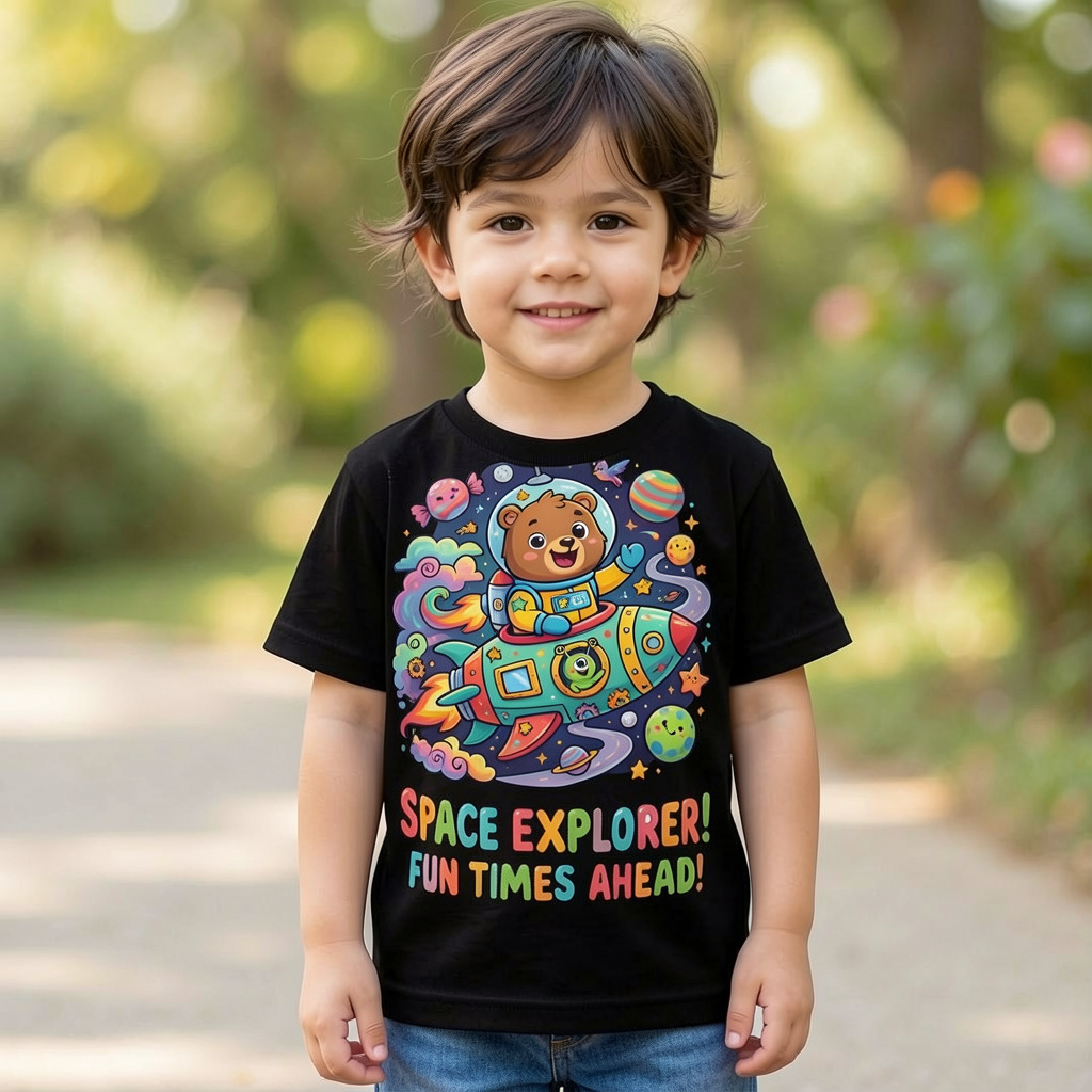 Child wearing a black t-shirt with a colorful space-themed design and text, standing outdoors.